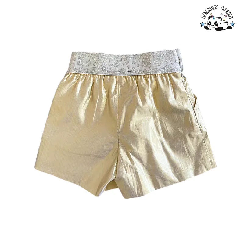 LEZONKIDS - Customizable Golden Jacket Shorts Set Casual Western Style Girls Spring Season Solid Pattern Ribbed Outfit Set